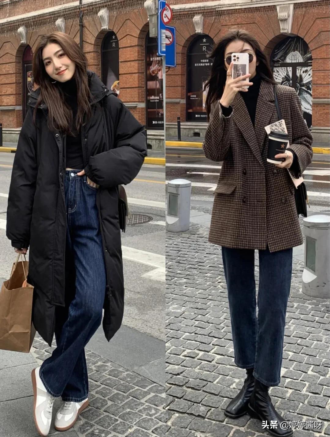 黑色皮衣内搭蓝色牛仔裤,黑色微喇开叉牛仔裤搭配什么外套