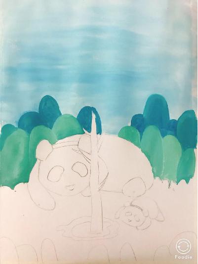 小熊美术水粉创意画,熊猫水粉画儿童画