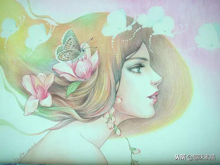 超精细彩铅人像素描,简单又漂亮的彩铅插画