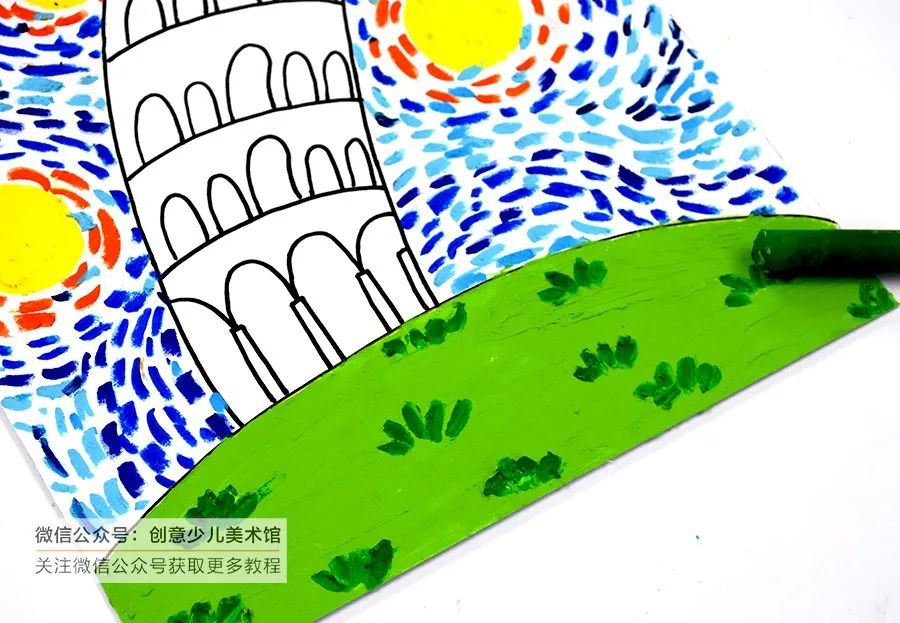 高耸有新意的塔儿童画,星空下的比萨斜塔创意美术