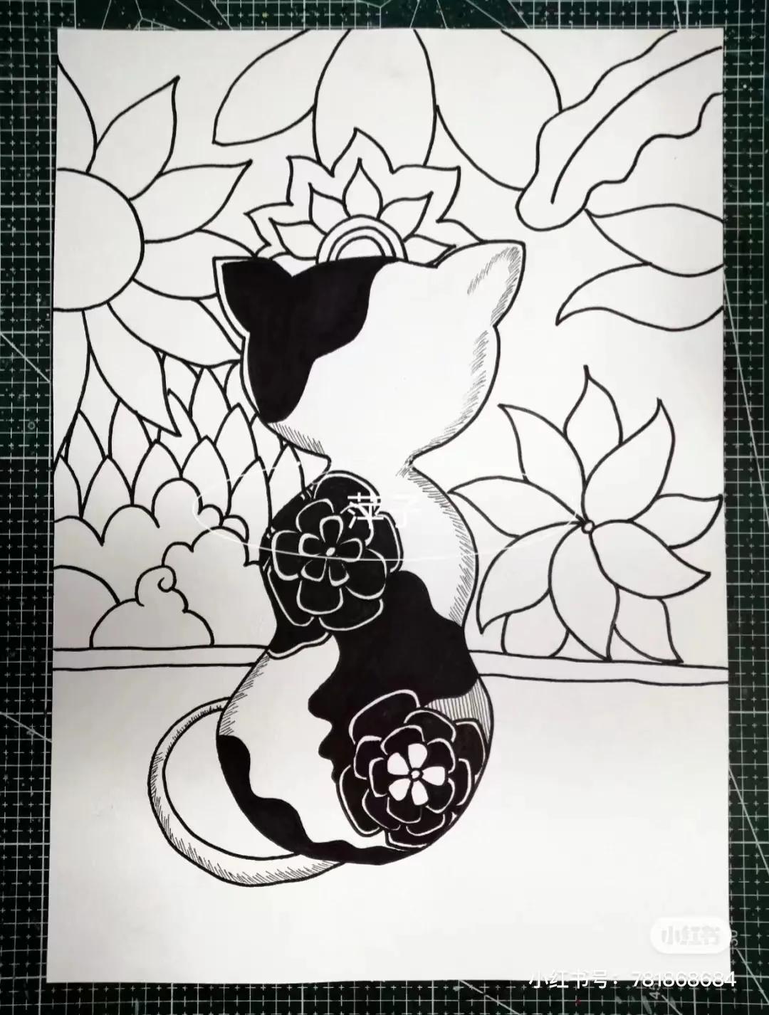 花卉简单线描创意画,花草线描画装饰