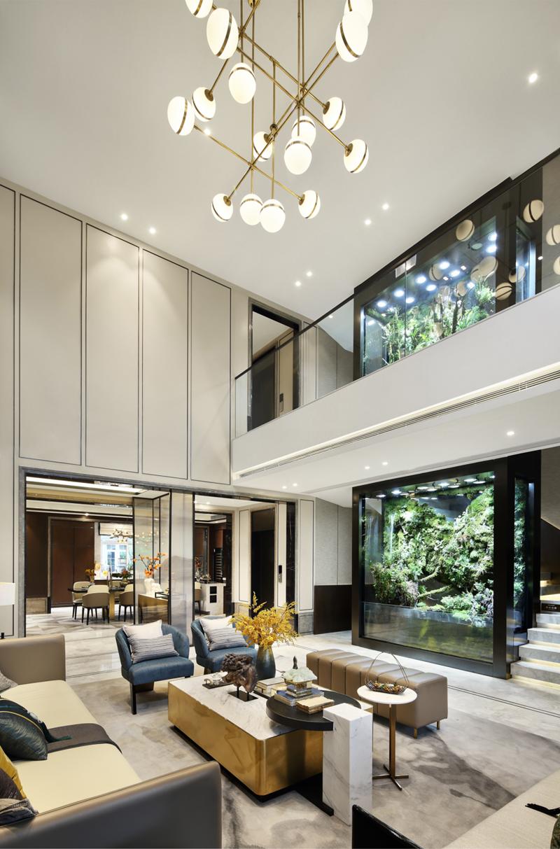 轻奢新中式挑空客厅效果图,挑空客厅极简设计案例