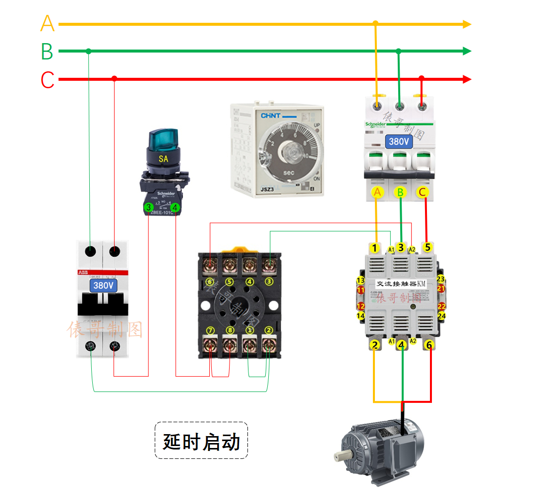 空气阻尼式时间继电器实物接线图,点动延时停止时间继电器接线图