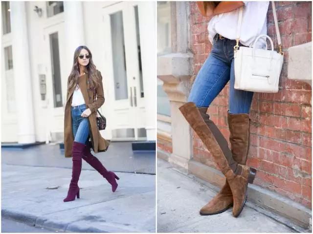 烟灰色牛仔裤怎么搭过膝靴,小香风皮毛外套搭配牛仔裤过膝靴