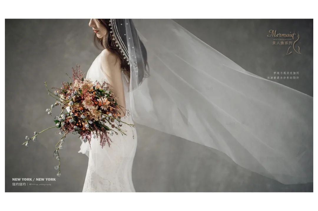 白色蝴蝶结油画婚纱照,森系油画风格婚纱照不戴帽子戴花