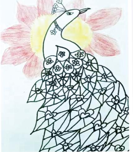 孔雀线描小学生一等奖画大全,黑色卡纸高光笔线描创意画孔雀