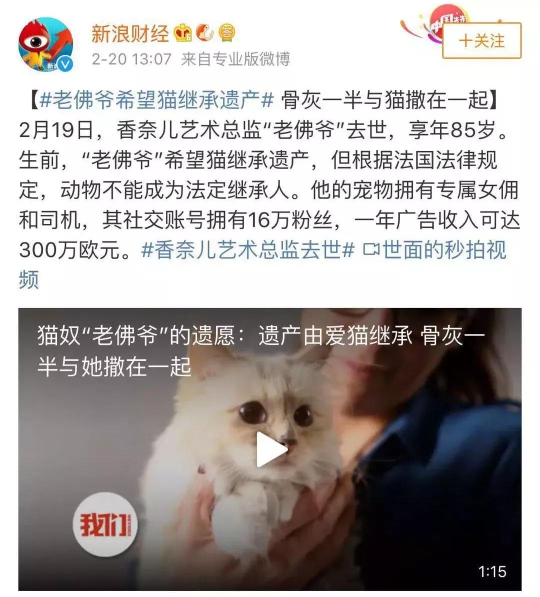 老佛爷的遗产真的由猫继承,老佛爷的所有家产最后留给了猫