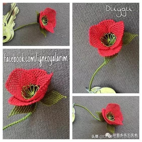 只是用针穿上了线不断绕圈打结,做出来的仿真花竟然比钩的还好看