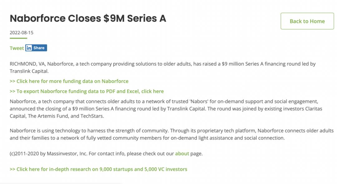 11年连获2轮融资,美国居家养老服务平台Naborforce