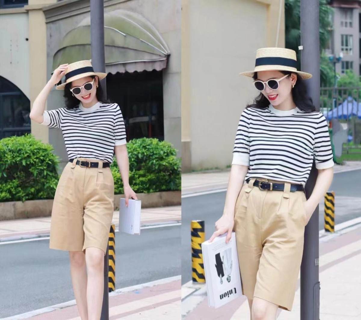 比较高级的夏季条纹典型穿衣搭配,夏天短款条纹衫搭配