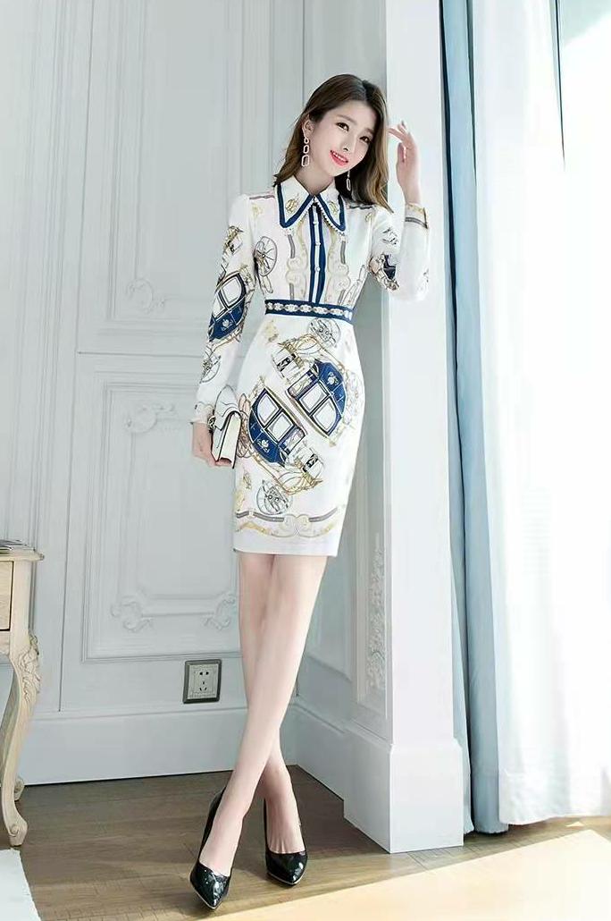 高腰修身气质长袖复古衬衫连衣裙,设计感长袖衬衫连衣裙短裙复古秋
