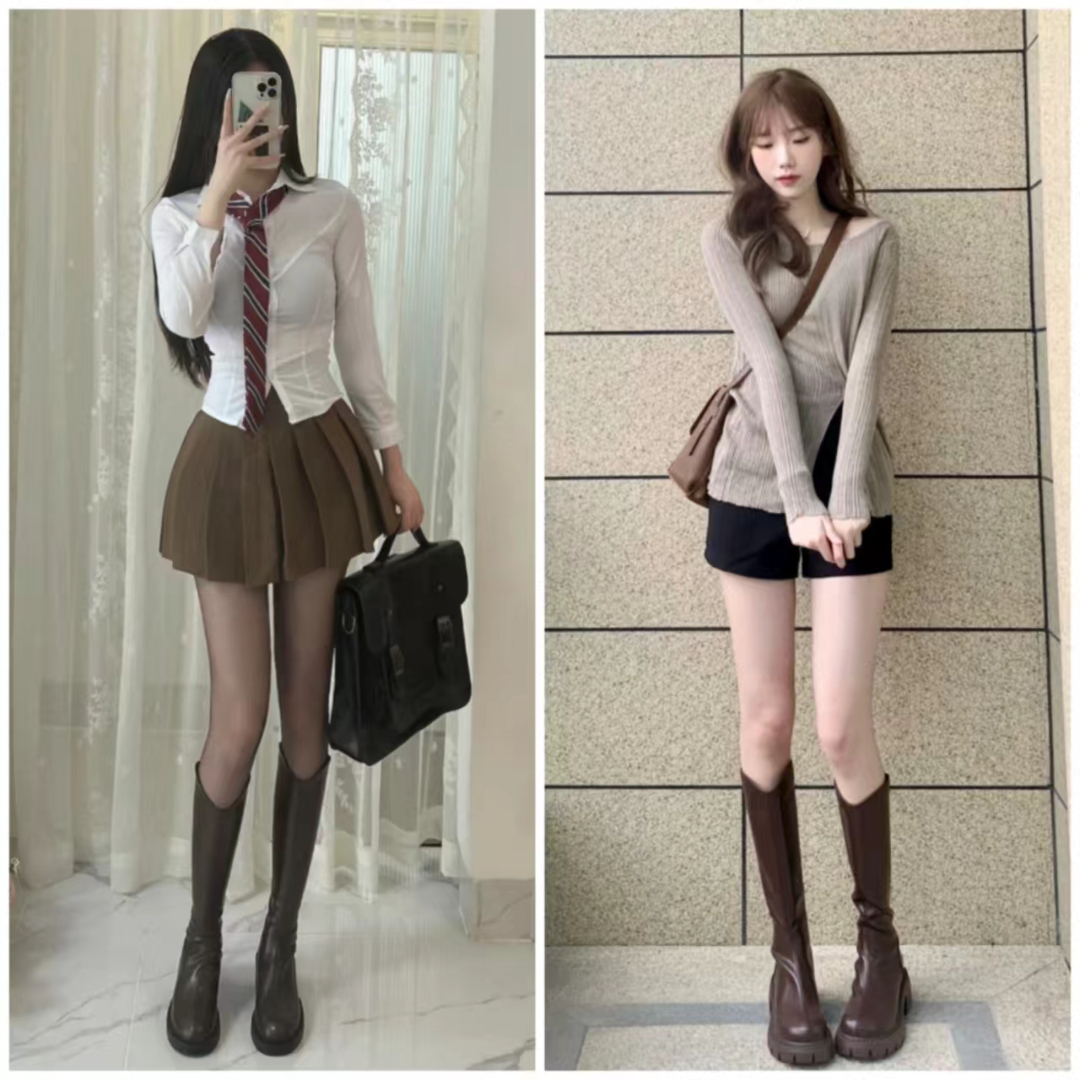 好穿又好搭时尚长筒宽靴,棕色长筒靴子女2022爆款洋气气质