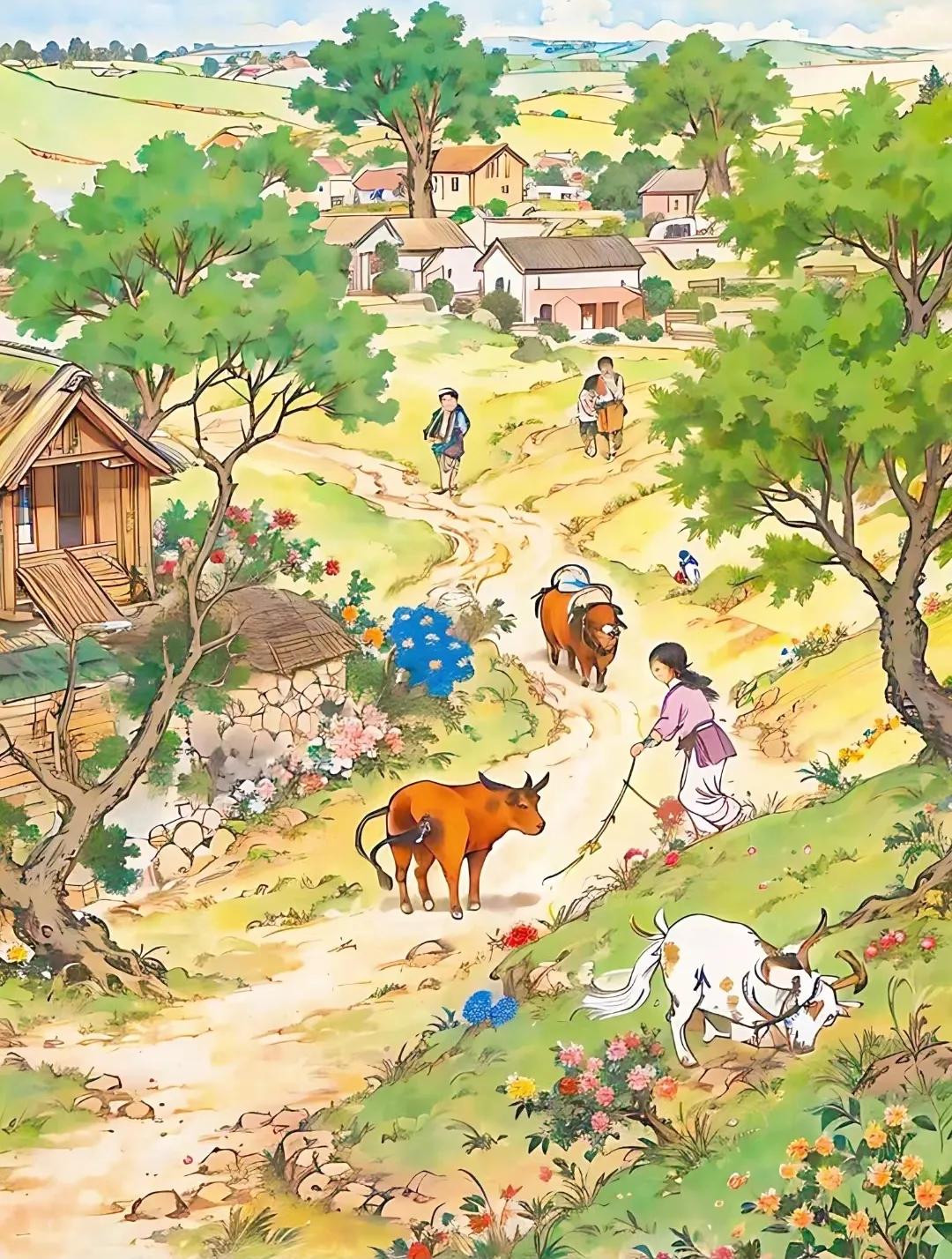 唯美治愈插画田园风,好看的古代风景田园插画