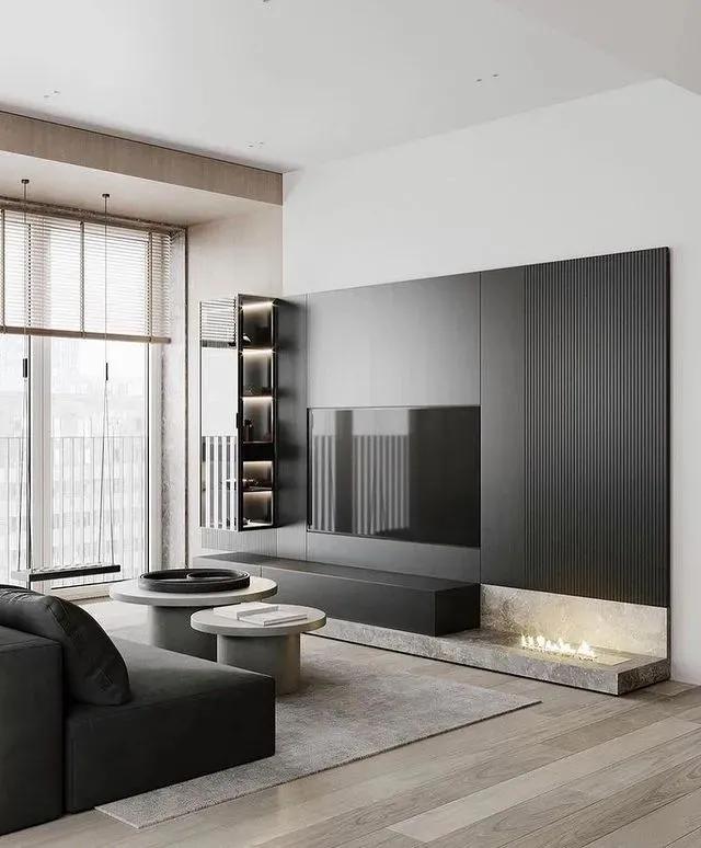 石膏线电视背景墙尺寸3.1米效果图,轻奢风装修2022新款电视背景墙纸