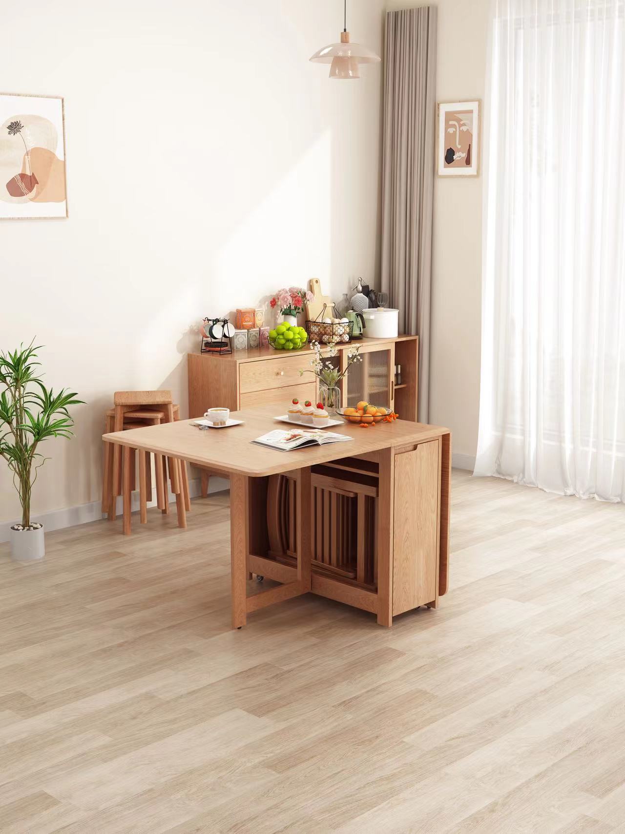 折叠餐桌餐边柜一体小户型,实木餐桌折叠可伸缩长桌小户型