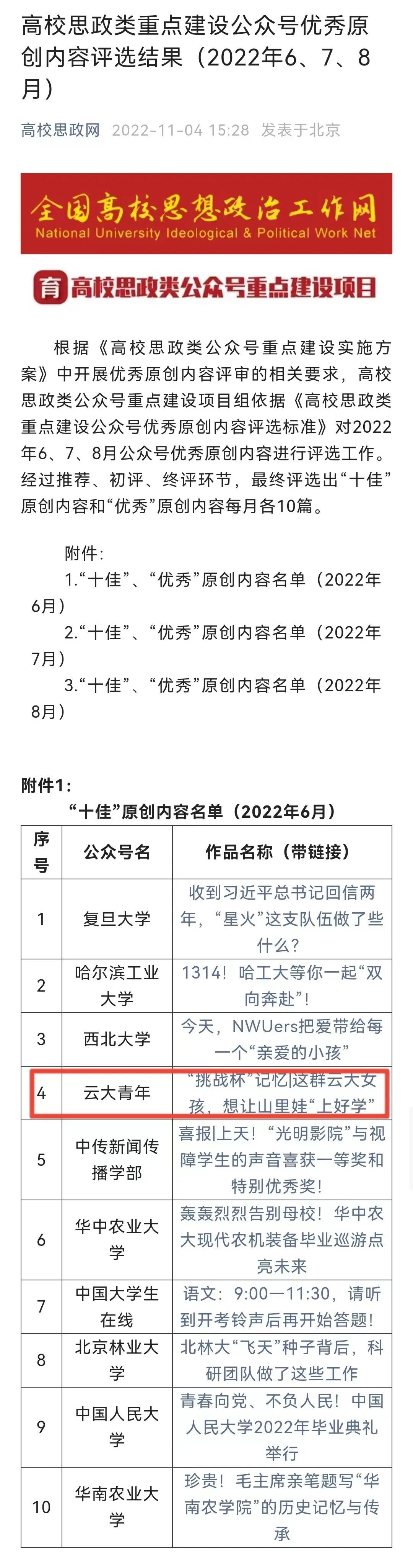 云大团团推文入选全国高校思政类重点建设公众号“十佳”原创内容！