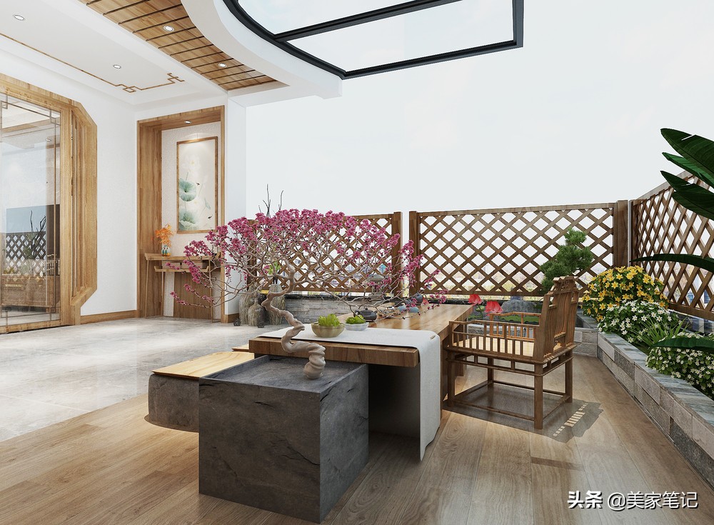 别墅新中式原木色禅意茶室背景,新中式原木色禅意风格装修效果图