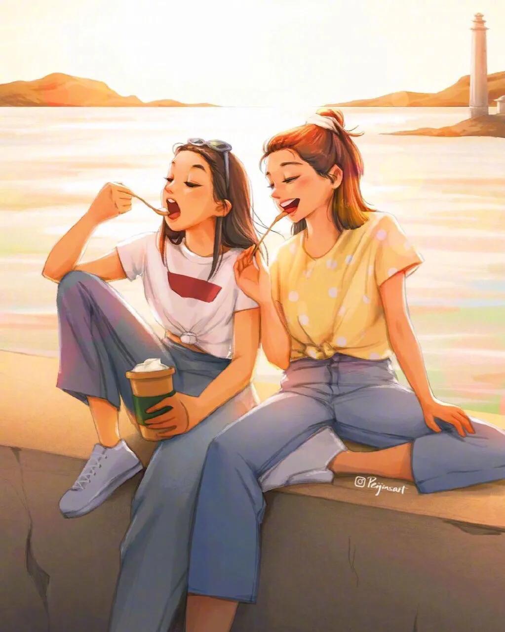 「治愈插画头像」姐妹成队快乐加倍