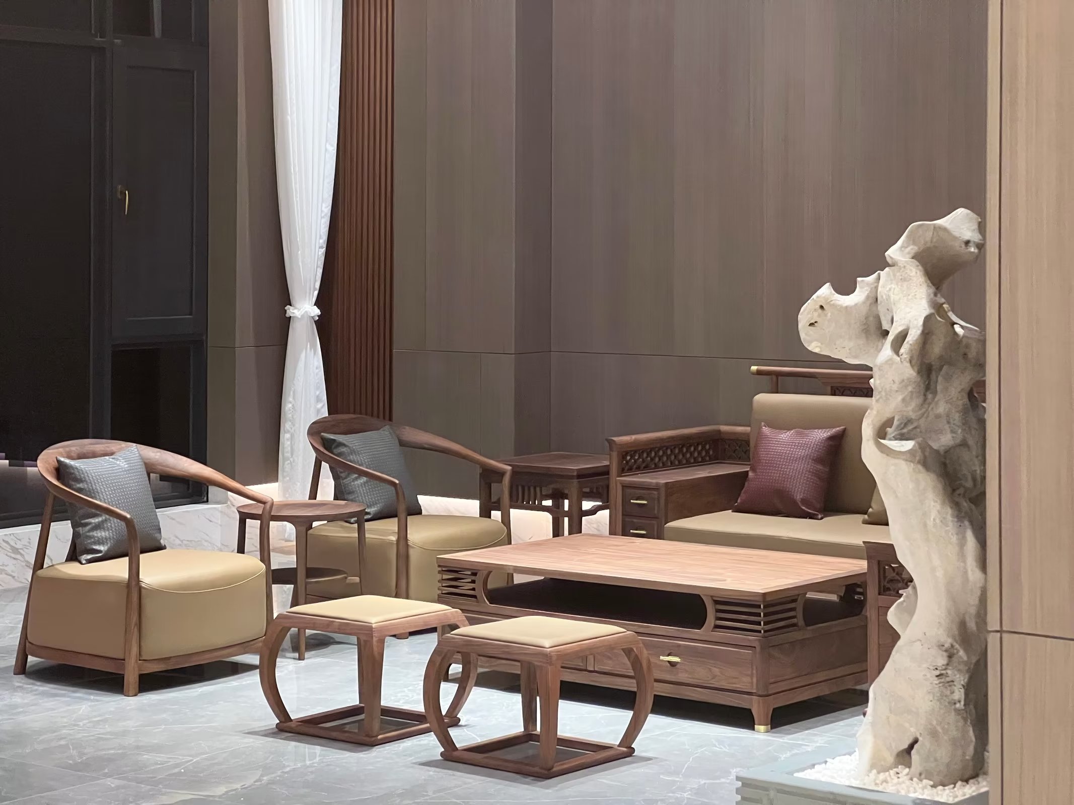 新中式胡桃木沙发带抽屉,新中式实木沙发北美黑胡桃木