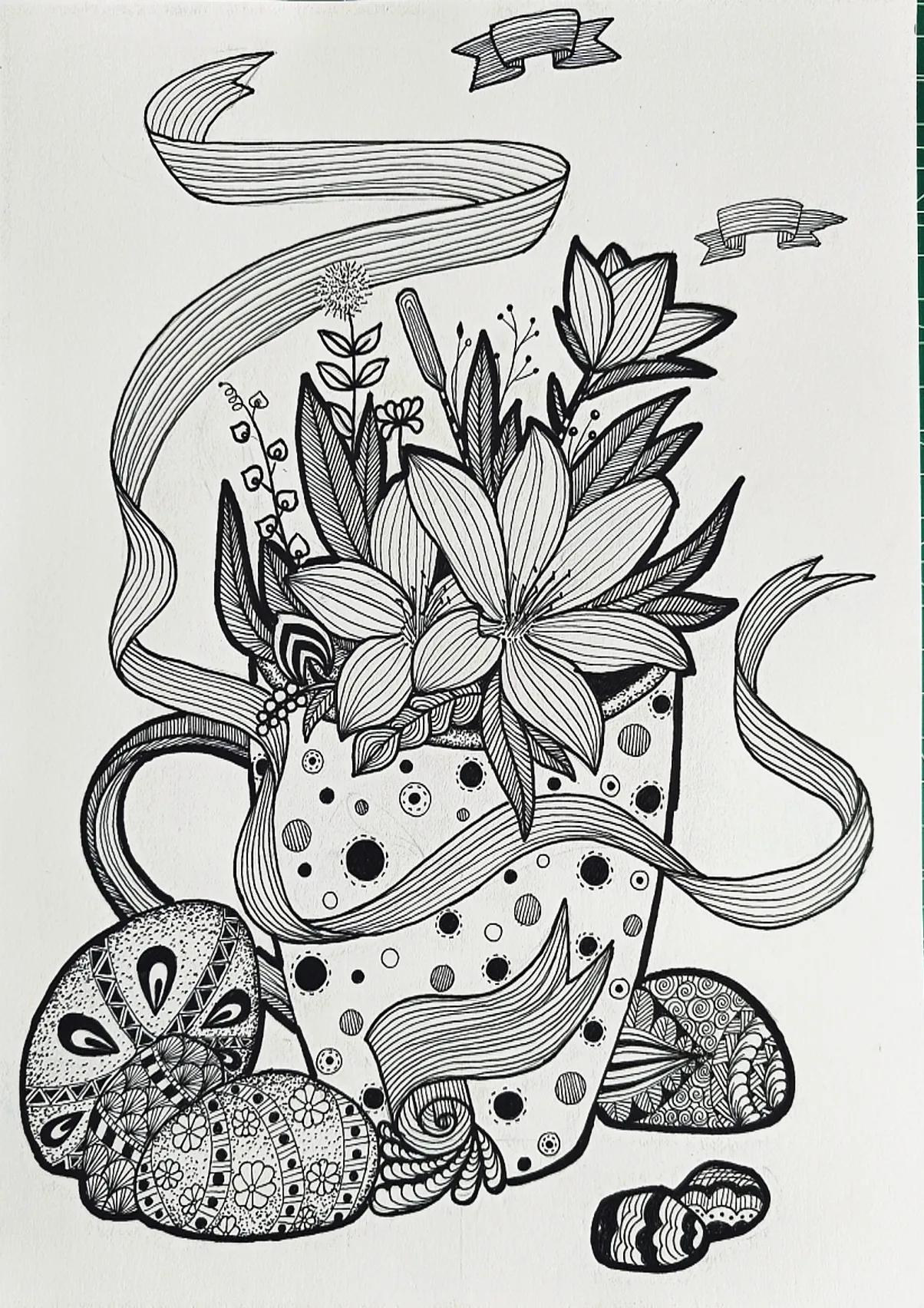 线描画作品花难度中等,高难度黑白线描怎么画教程