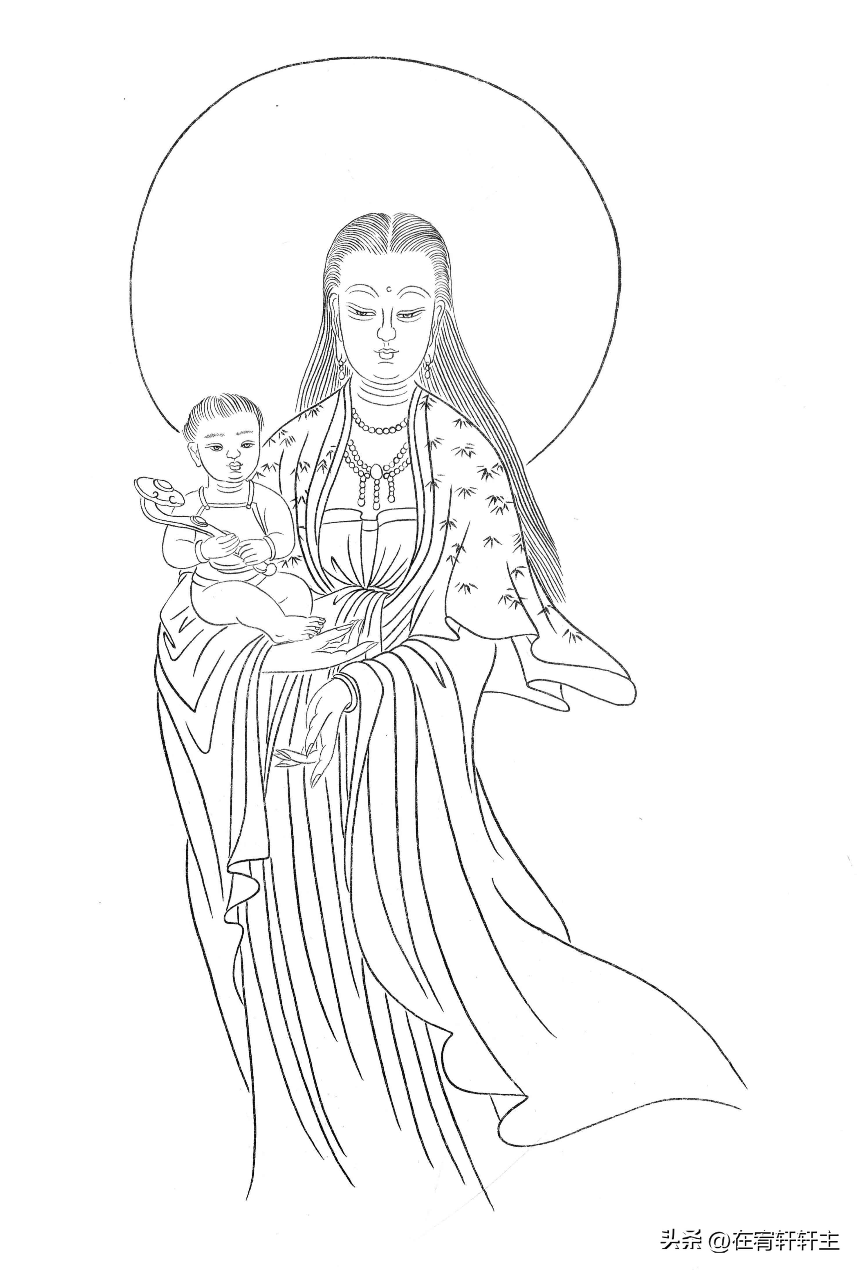 工笔白描观音苏柏斗,工笔画国画白描观音