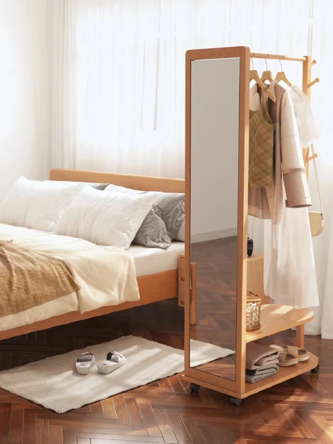 卧室镜子收纳一体挂墙,卧室墙面固定挂衣架镜子一体