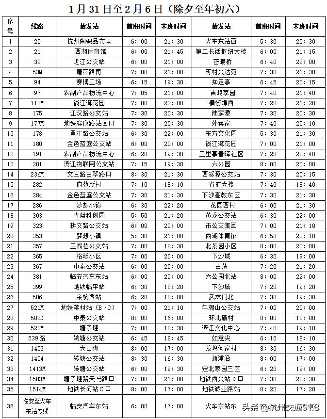 杭州春节期间公交运营时间,杭州公交春节时刻表