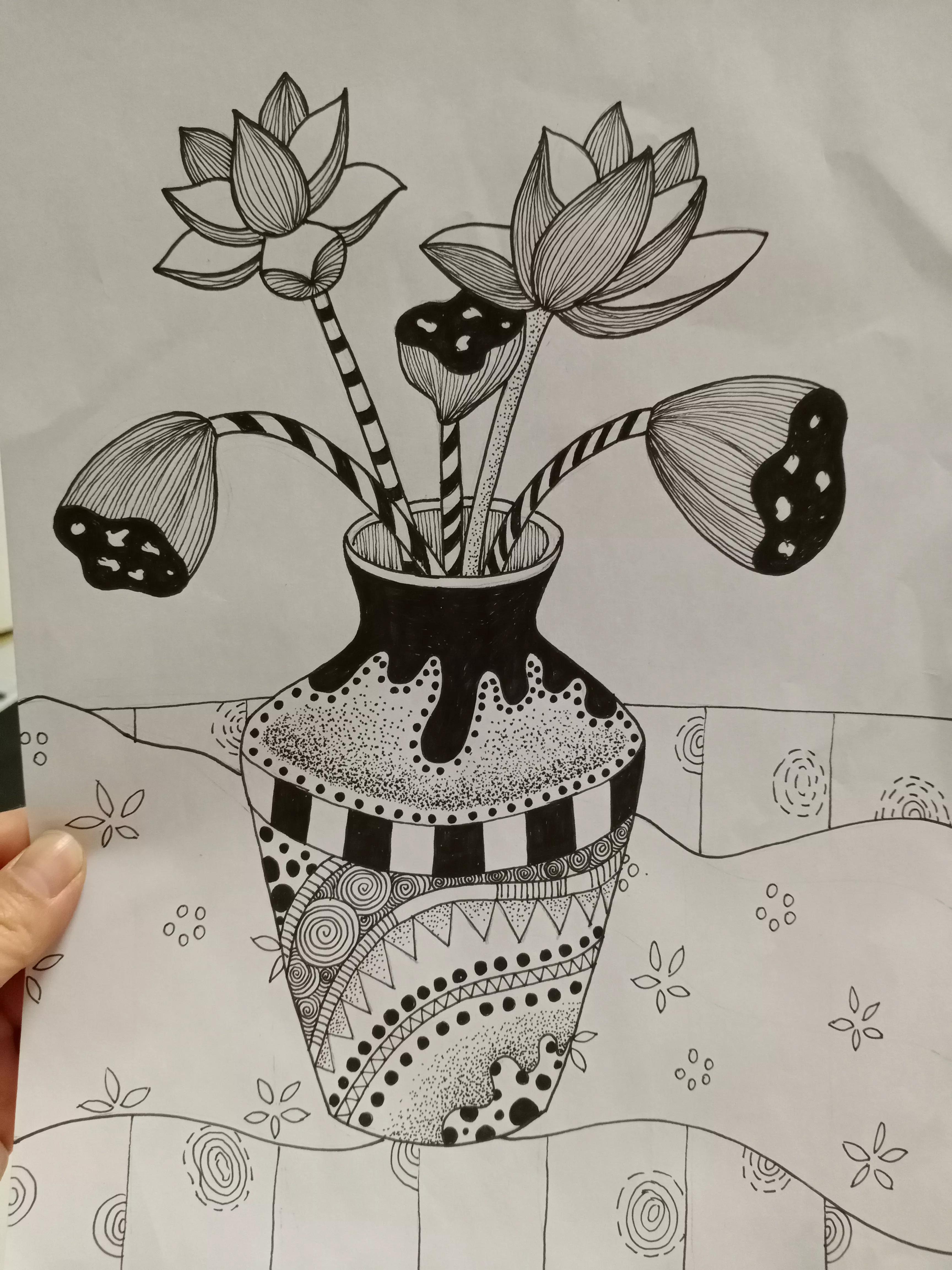 花瓶里的花线描画,线描画花瓶教学视频