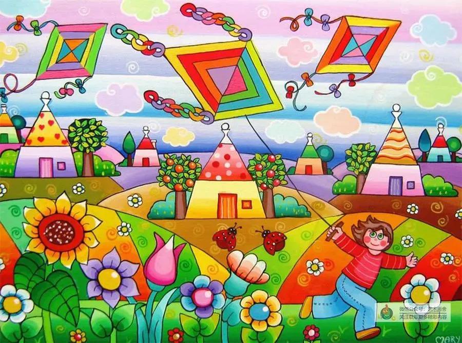 春日古诗配图儿童画,春日荡秋千放风筝儿童画