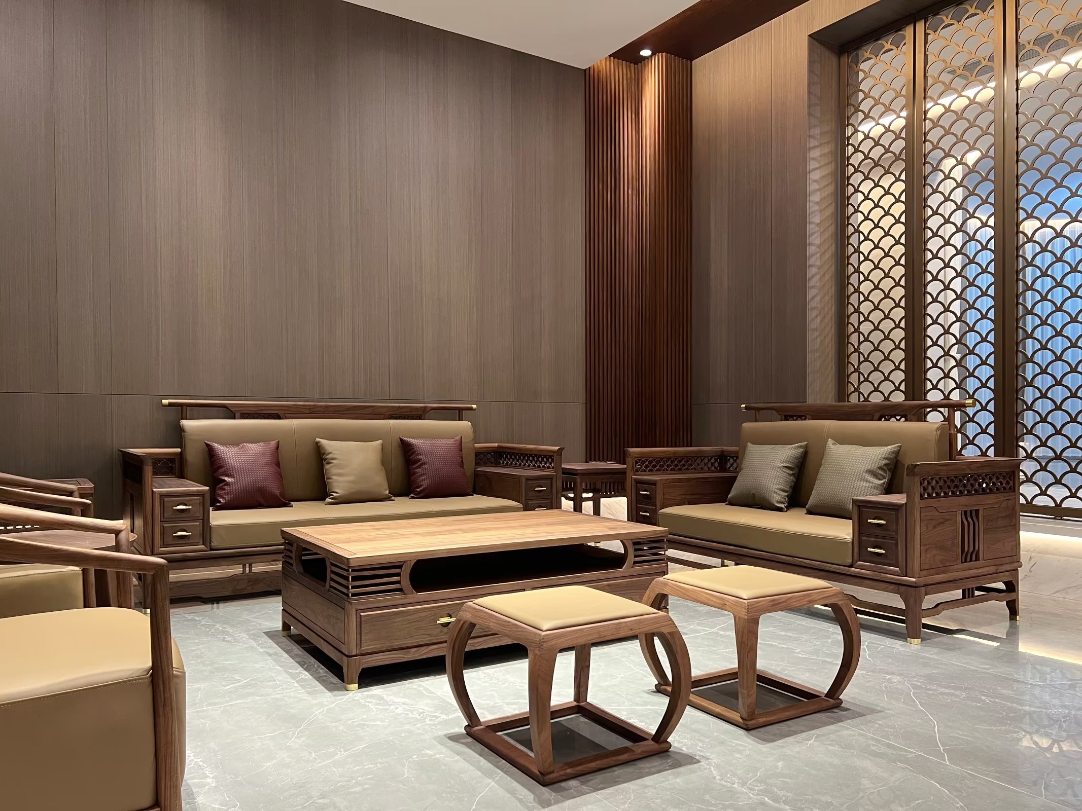 新中式黑胡桃木沙发改造翻新,迪美尔胡桃木新中式组合实木沙发