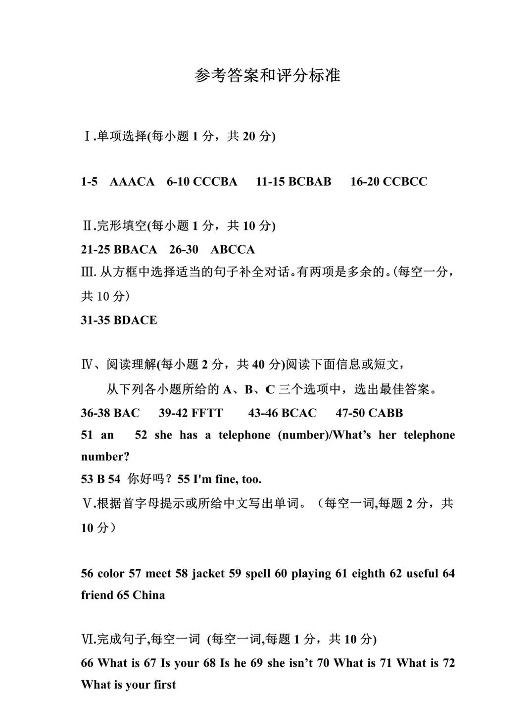 2021-2022年度第一学期期末试卷答案,2021-2022学年上期期末七年级英语