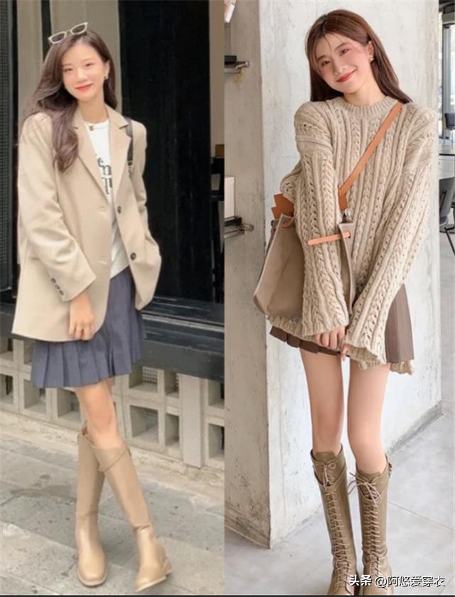 米白色马丁靴秋季穿搭,秋季米白色长筒靴穿搭