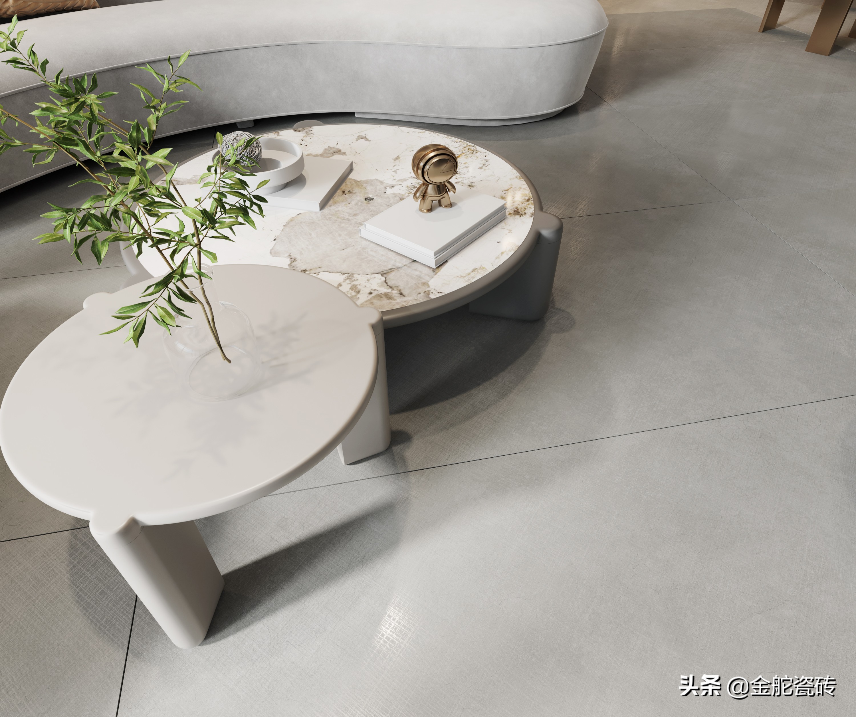 高级极简灰客厅地砖,极简柔光砖通铺效果图