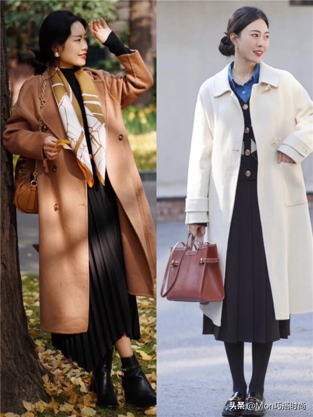 今年流行百褶裙搭大衣,中长款百褶裙搭配大衣
