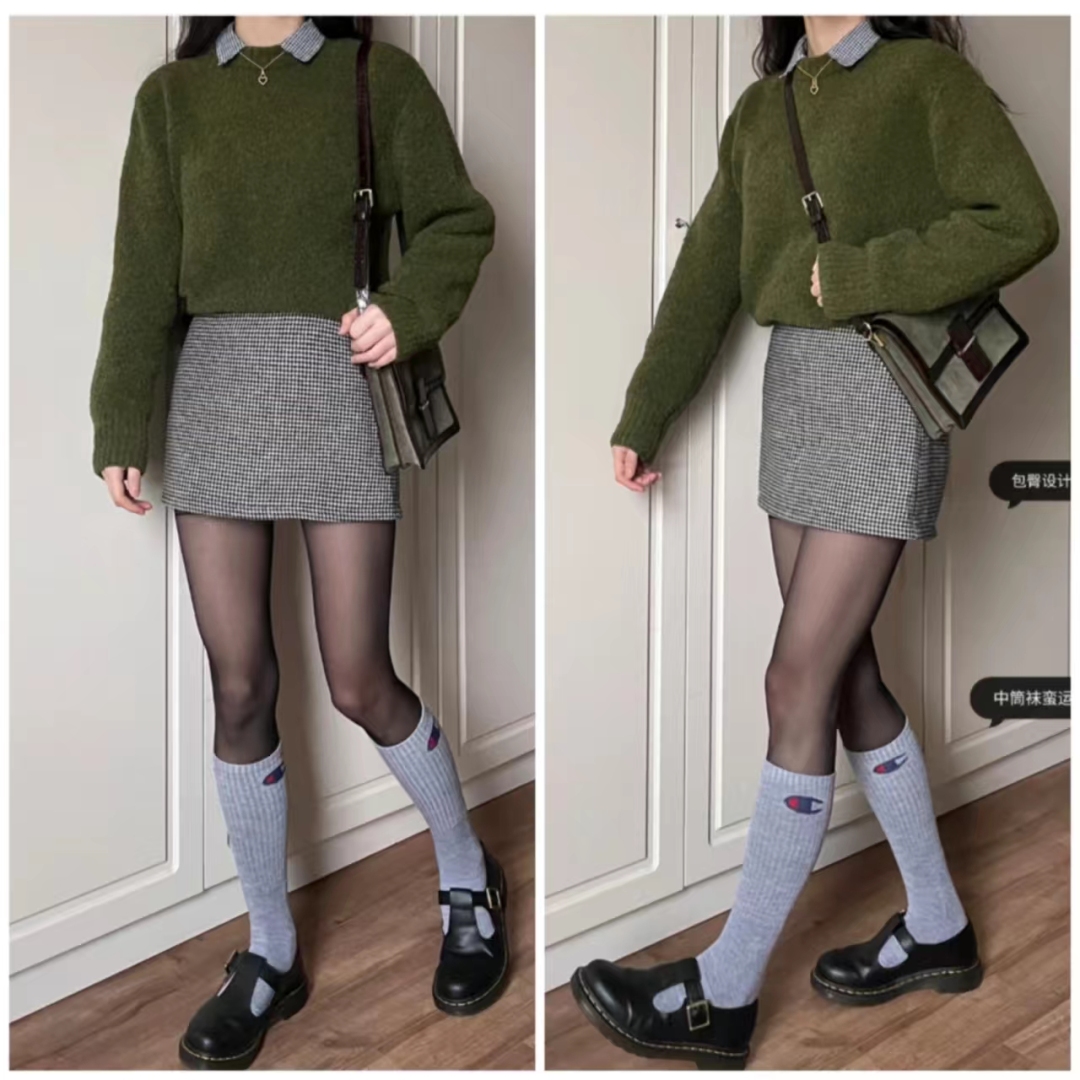 千鸟格半身裙秋冬款a字版30岁,黑白千鸟格半身裙配原绒色毛衫