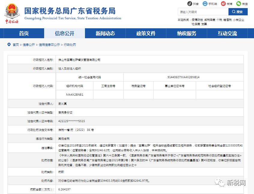 知名餐饮品牌*税偷**被罚！收取加盟费和运营服务费未申报纳税
