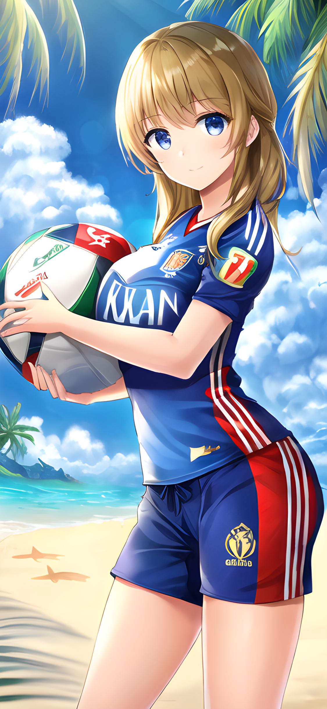 二次元美少女壁纸足球,ai绘画壁纸沙滩
