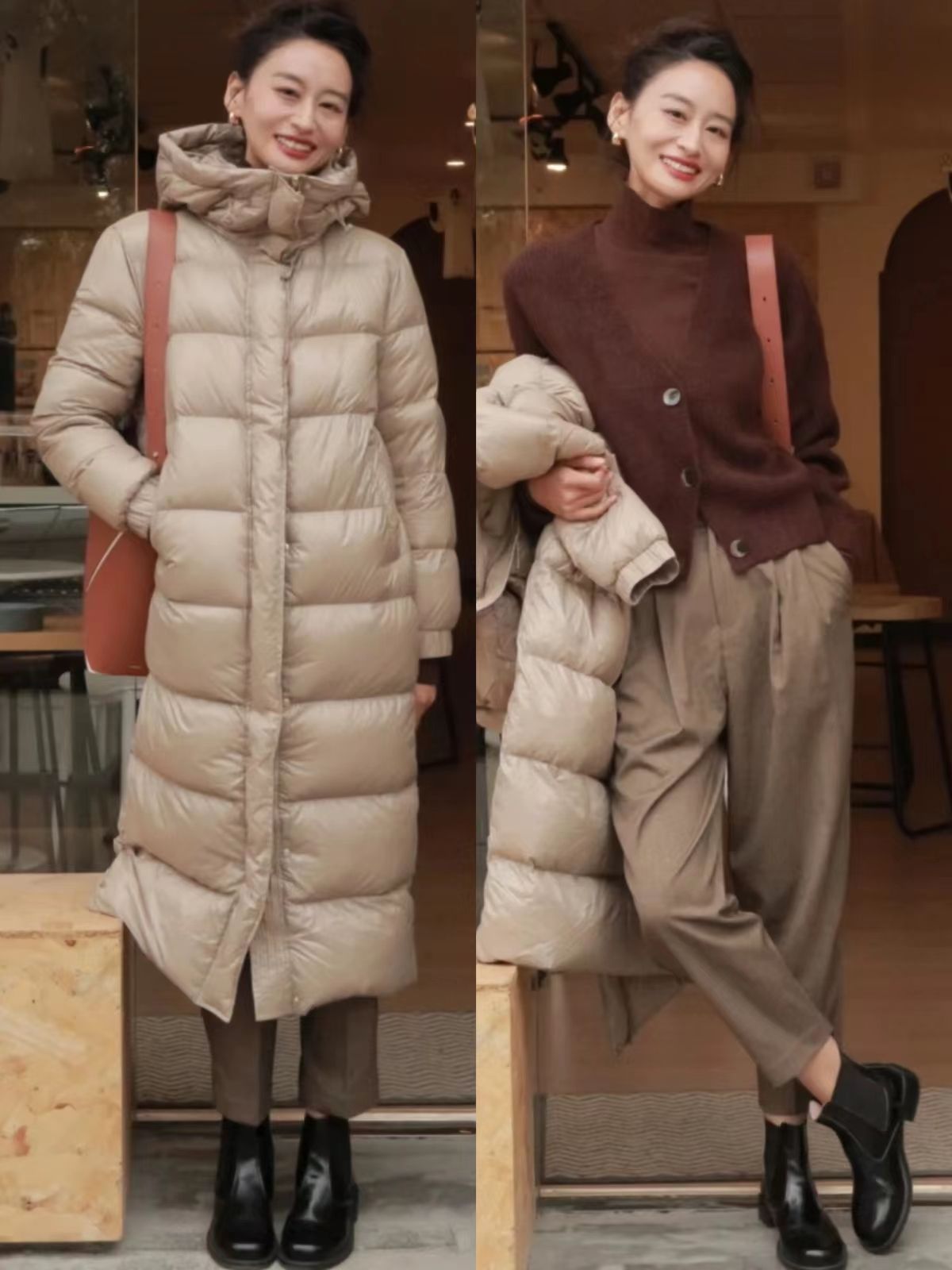 冬季长筒靴穿搭长羽绒服,冬季过膝长筒靴保暖穿搭
