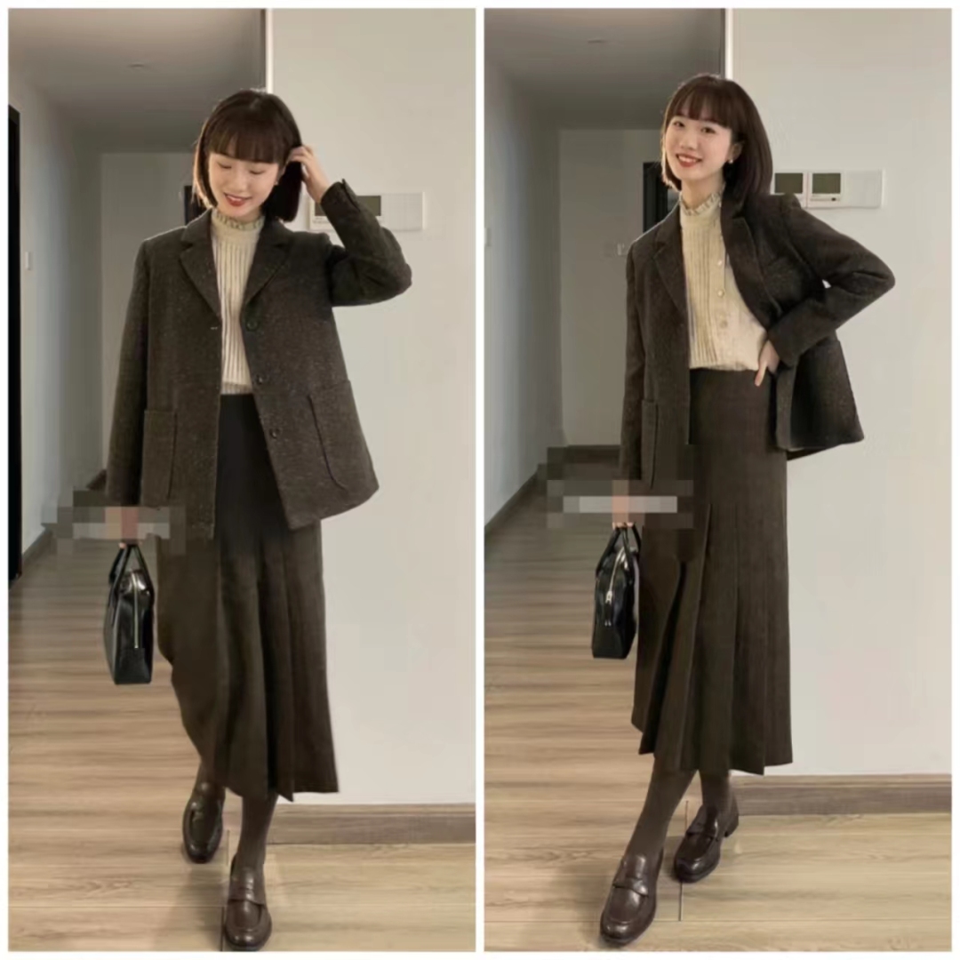 西装长裙搭配西装外套,西装外套配连衣裙气质高级感