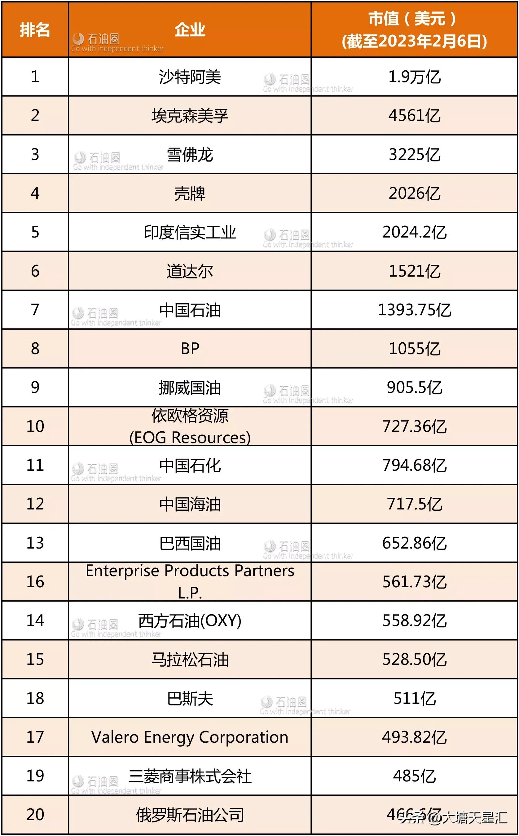 全球石油化工行业排名前十,全球主要石油化工公司