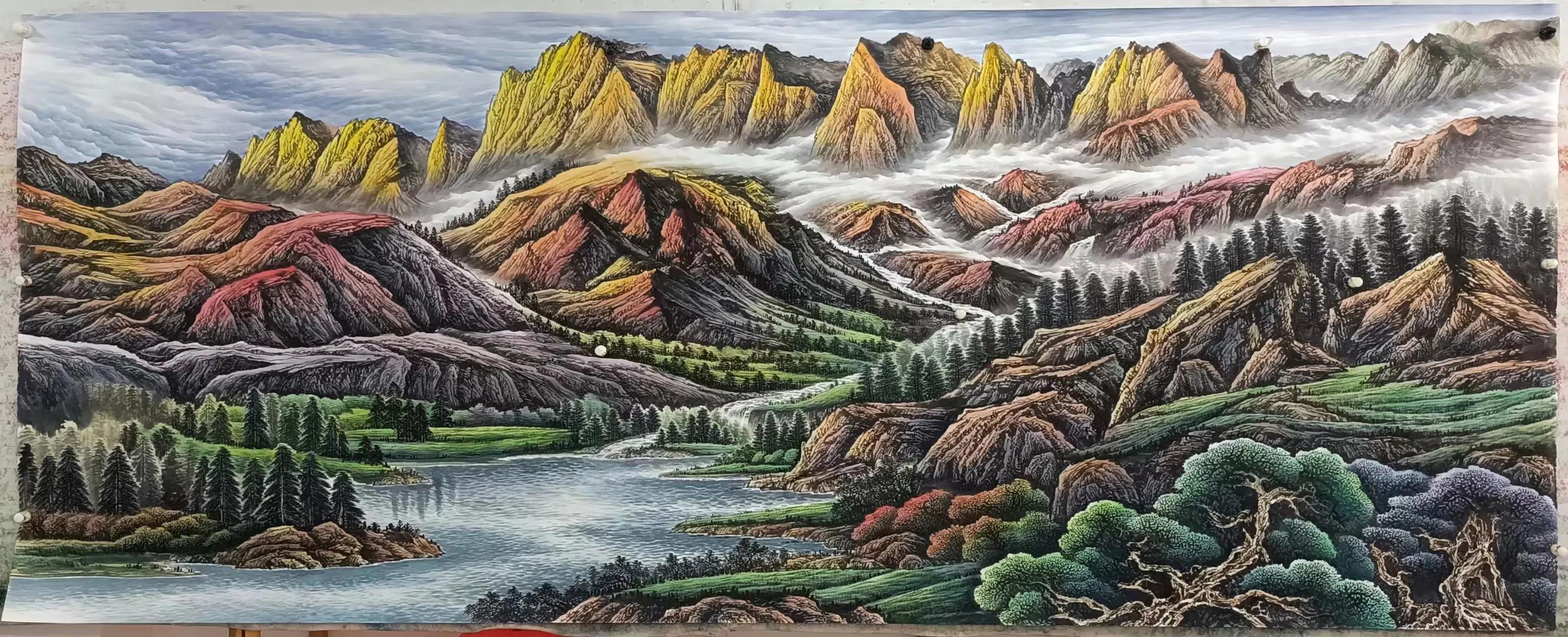 办公室山水画背景墙挂画流水生财,鸿运当头山水画背景墙办公室