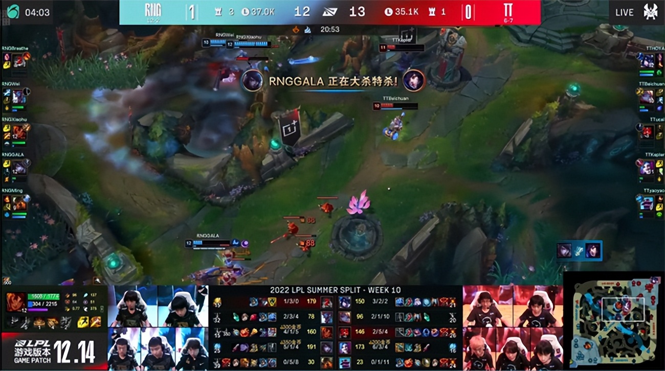 LOL-LPL：Xiaohu岩雀打出两次对位单杀，RNG2-0击败TT豪取九连胜