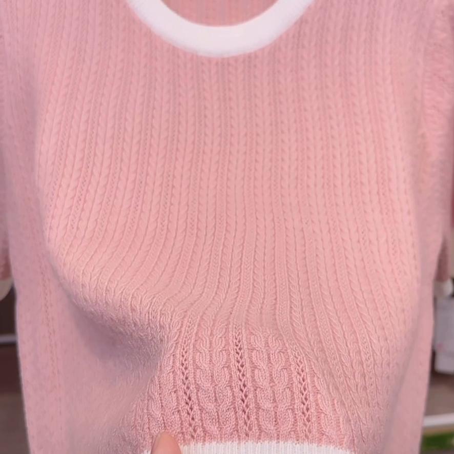 针织衫女夏短袖宽松慵懒感,2024新春夏季薄款镂空针织衫