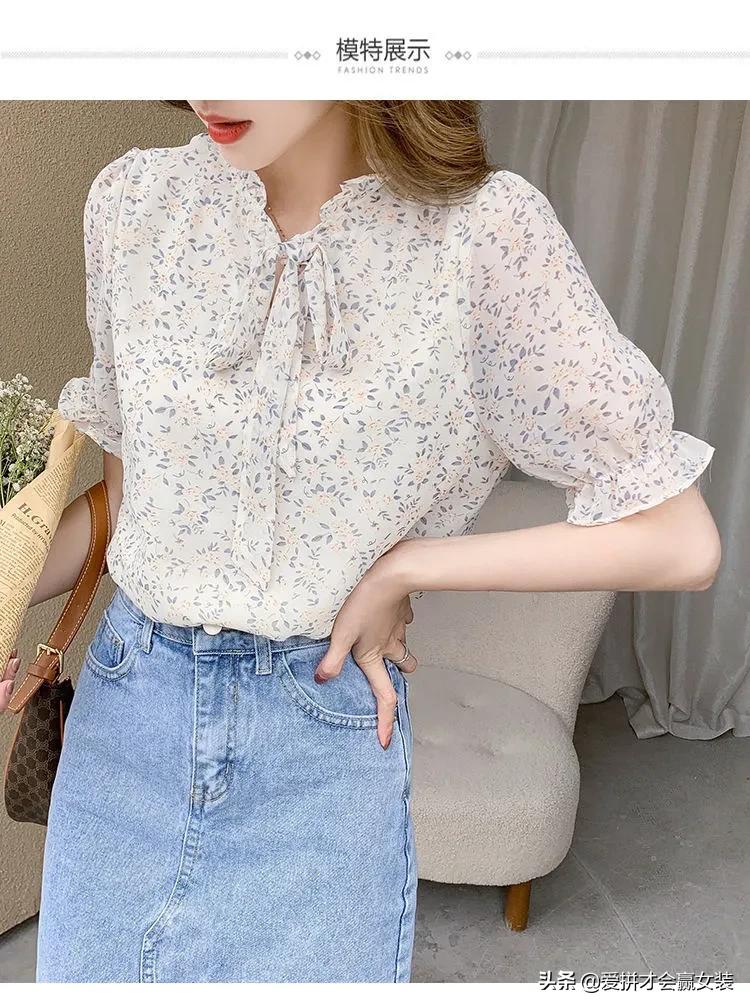 减龄雪纺短袖衬衫女款2022款时尚,雪纺夏装衬衫女设计感小众洋气