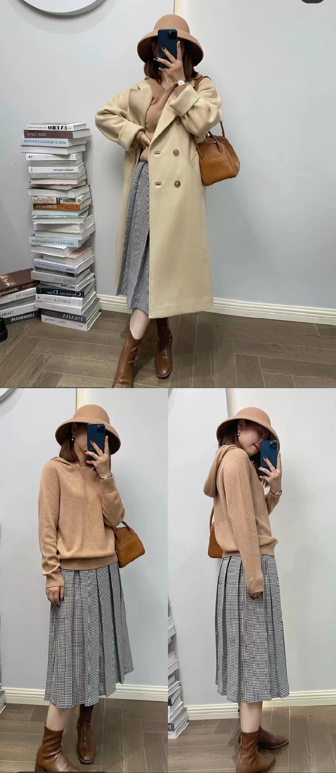 千鸟格半身裙秋冬款a字版30岁,黑白千鸟格半身裙配原绒色毛衫