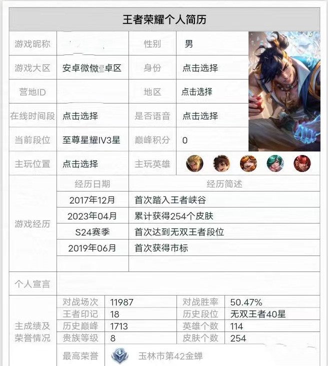 王者荣耀个人简介表格,王者荣耀个人简历发布到哪去了