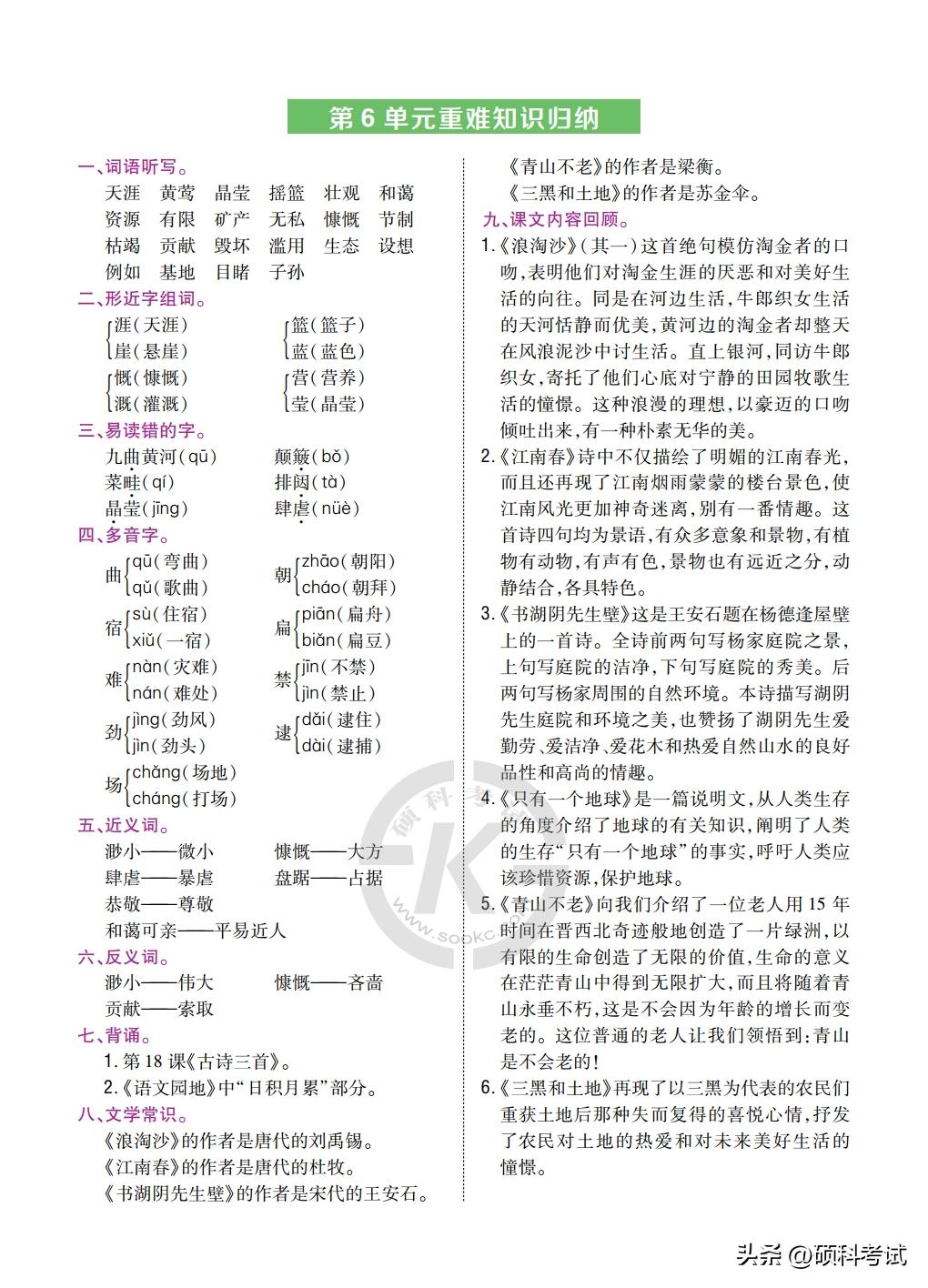 六年级语文上册重点高频考点梳理,语文书六年级一二单元复习知识点