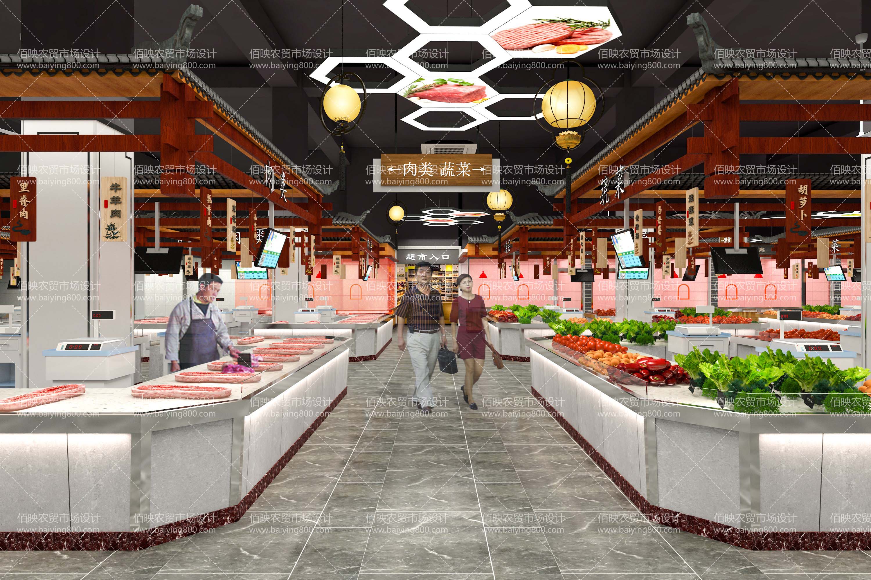 农贸市场设计之特色市场,大型智慧农贸市场设计效果图