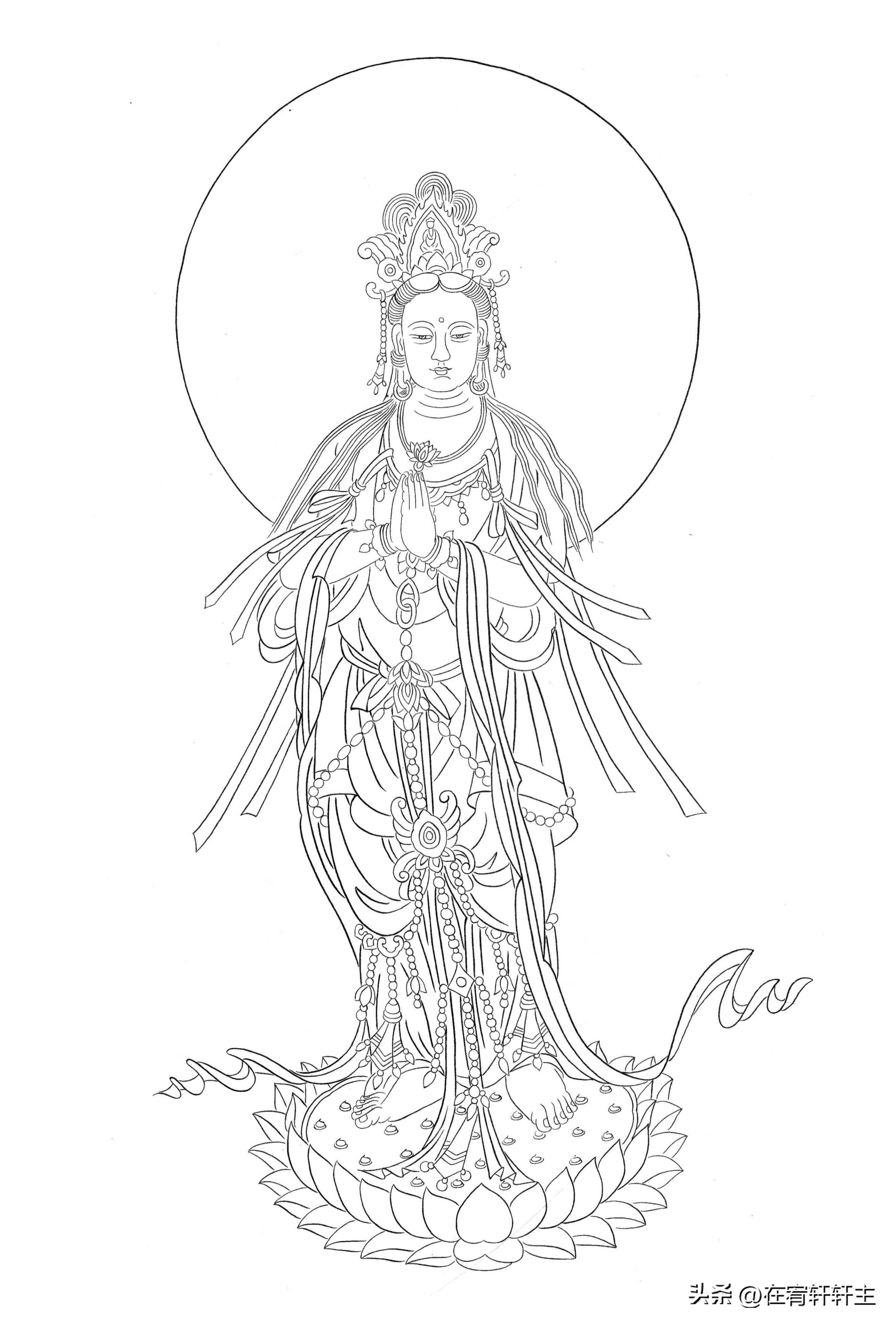 工笔白描观音苏柏斗,工笔画国画白描观音