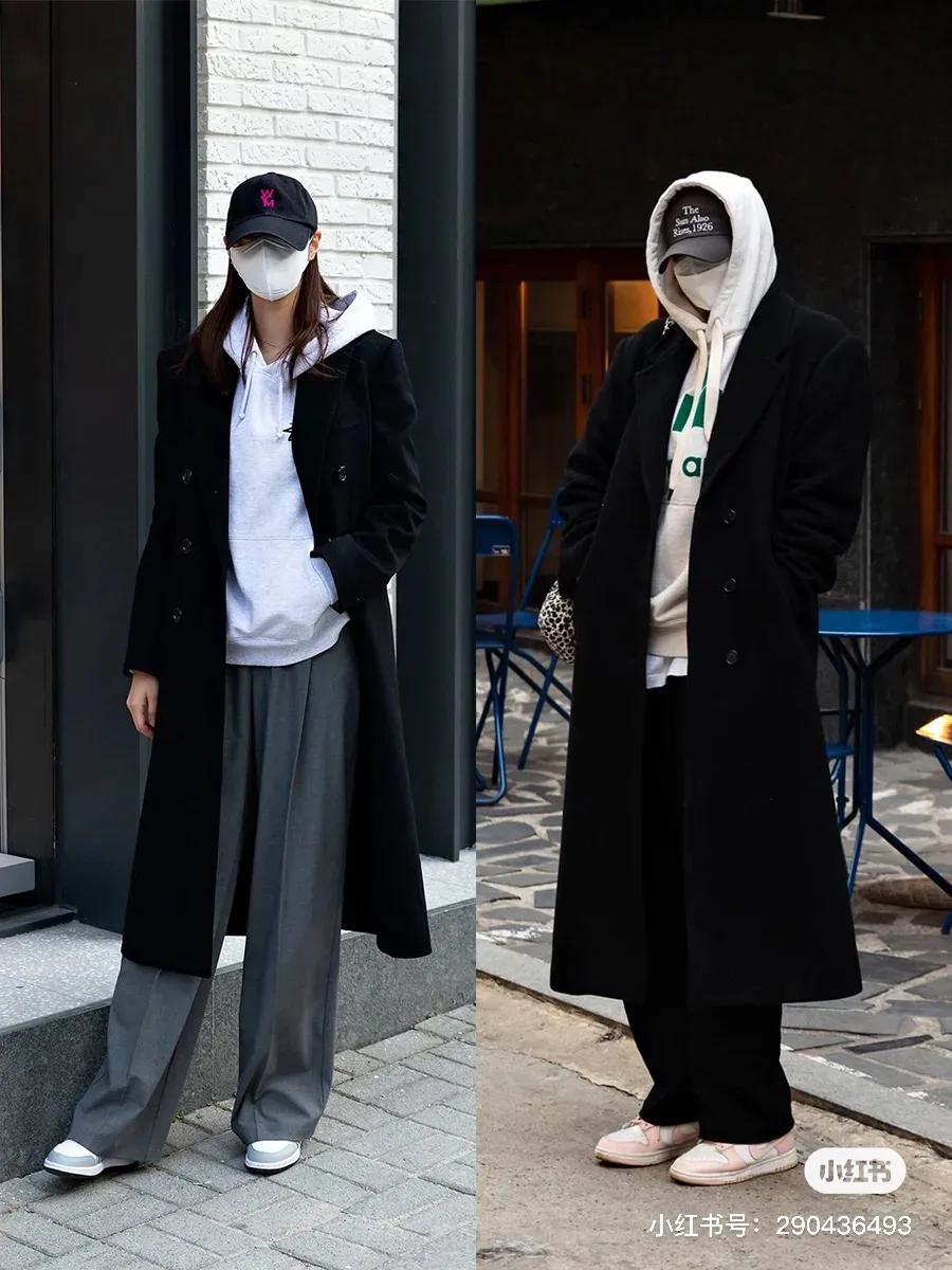 韩国小姐姐学院风大衣内搭,韩国冬季小姐姐黑大衣穿搭
